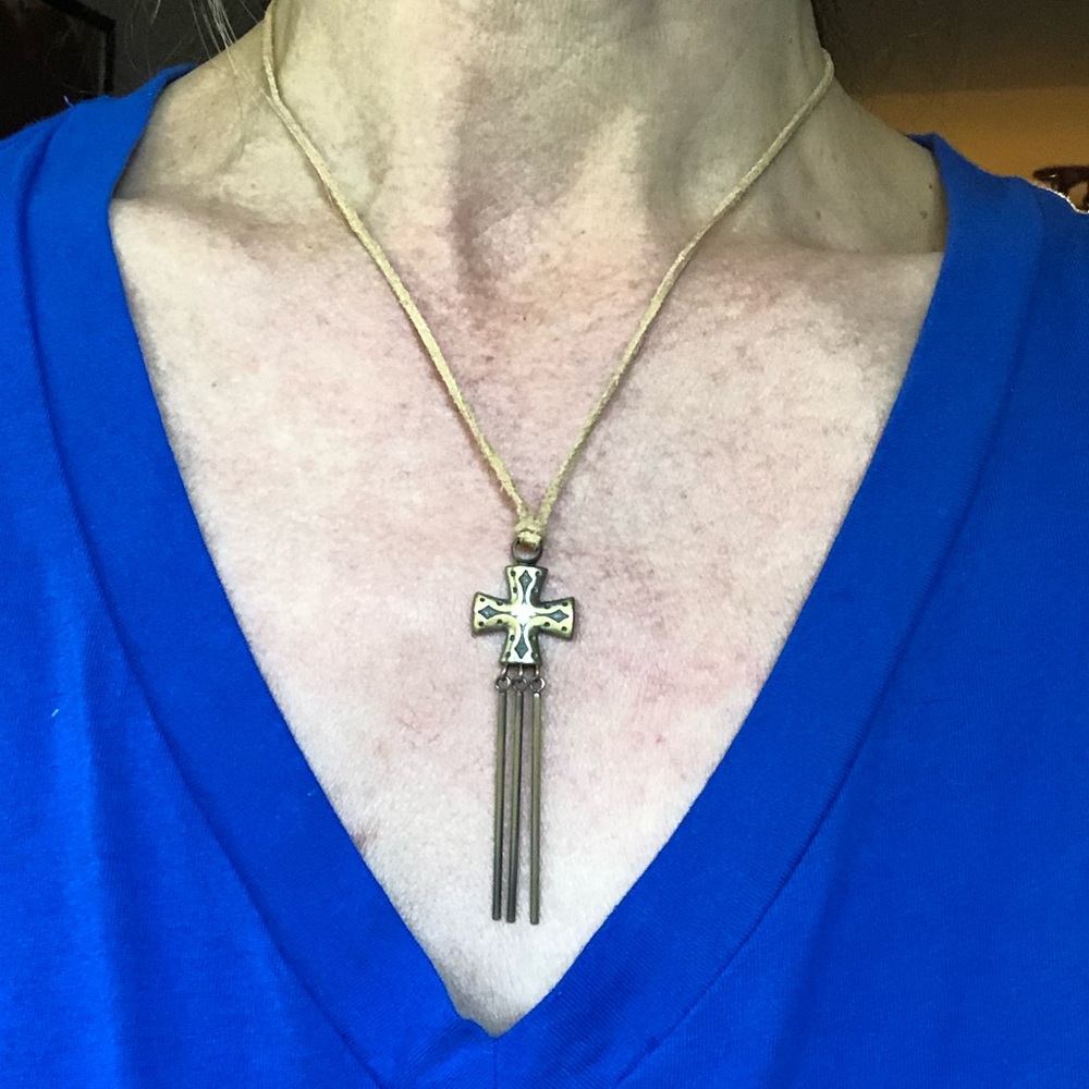 Antique Gold Tone Cross on Tan leather/suede Cord Necklace